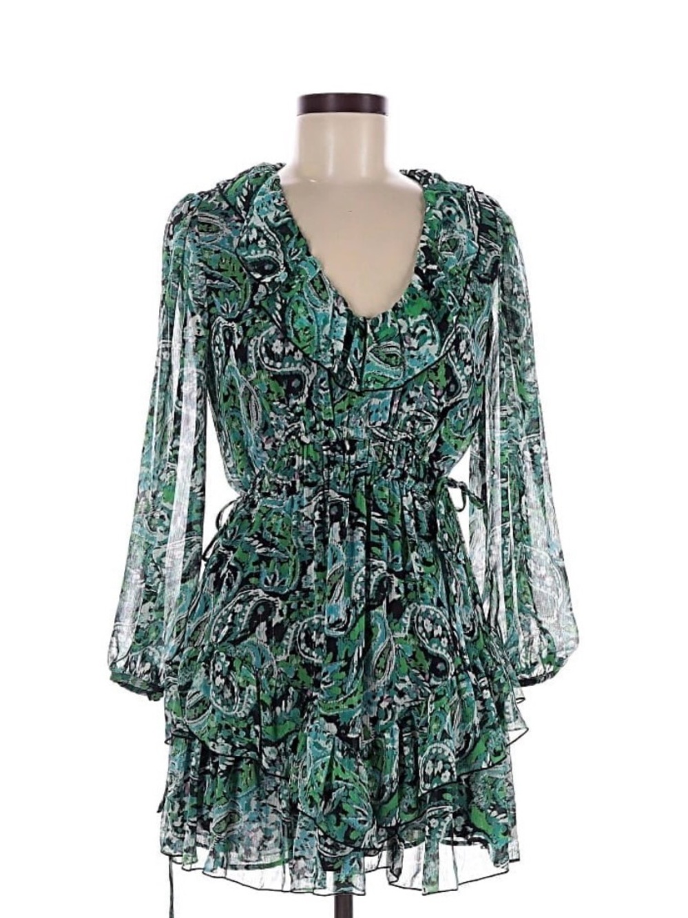Zara Green Paisley Ruffle V-Neck Women's mini Dress